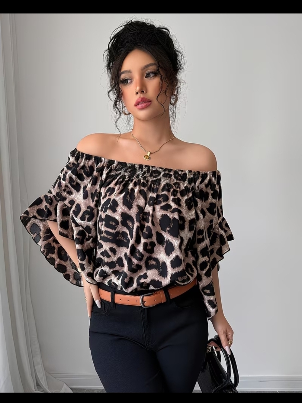 Off-Shoulder Leopard Print Blouse in Tan and Black - Picture 4 of 5